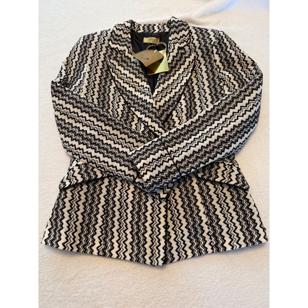 Pho Firenze Women Black White Chevron Wave Blazer Jacket Italy 4322101 XS
